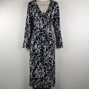 DVF Diane von Furstenberg Wrap Dress Black White Abstract Print Long Sleeve Midi